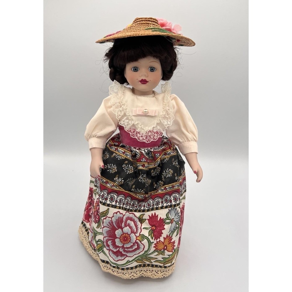 Vintage 12" Porcelain Doll Brown Braided Crown Hair Blue Eyes Woven Straw Hat